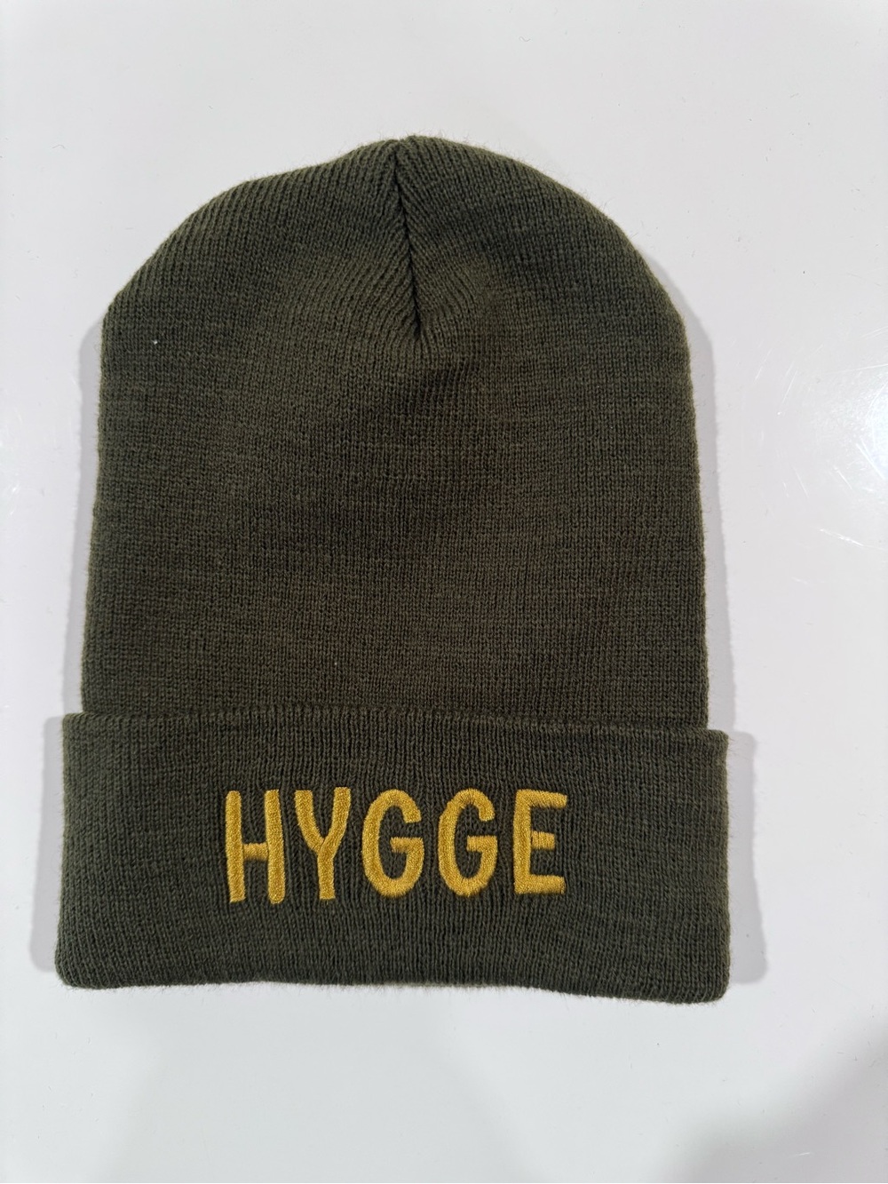 Classic Olive Knit Beanie with Gold Hygge Embroidery